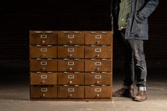 Vintage Oak Industrial Cubby Storage Cabinet with Hinged Faces