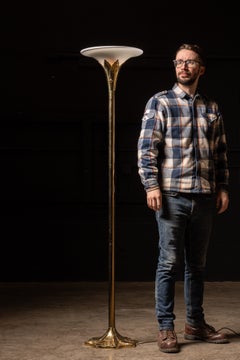 MCM Brass Torchiere Style Lamp w. Floral Motif
