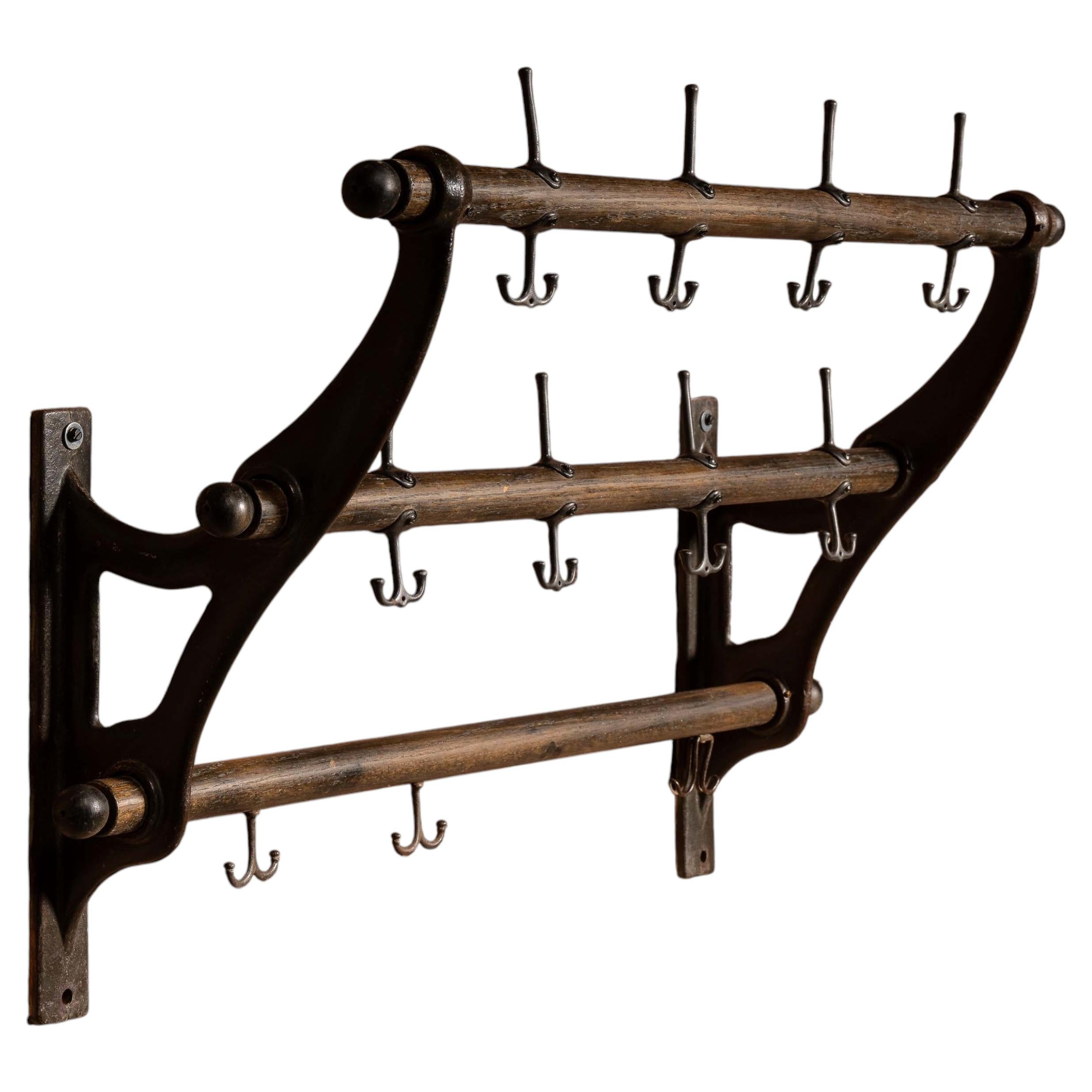 Vintage Two-Tier Wall Mounted Firehouse Coat Rack with Wood Rails