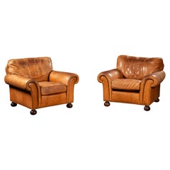 Pair of Rolled Arm Leather Club-Style Armchairs in Camel