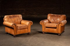 Pair of Rolled Arm Leather Club-Style Armchairs in Camel