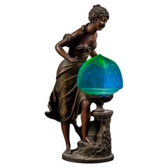 Art Nouveau Figural Lamp with Uranium Glass Shade by Anglade
