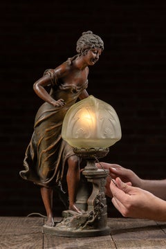 Art Nouveau Figural Lamp with Uranium Glass Shade by Anglade
