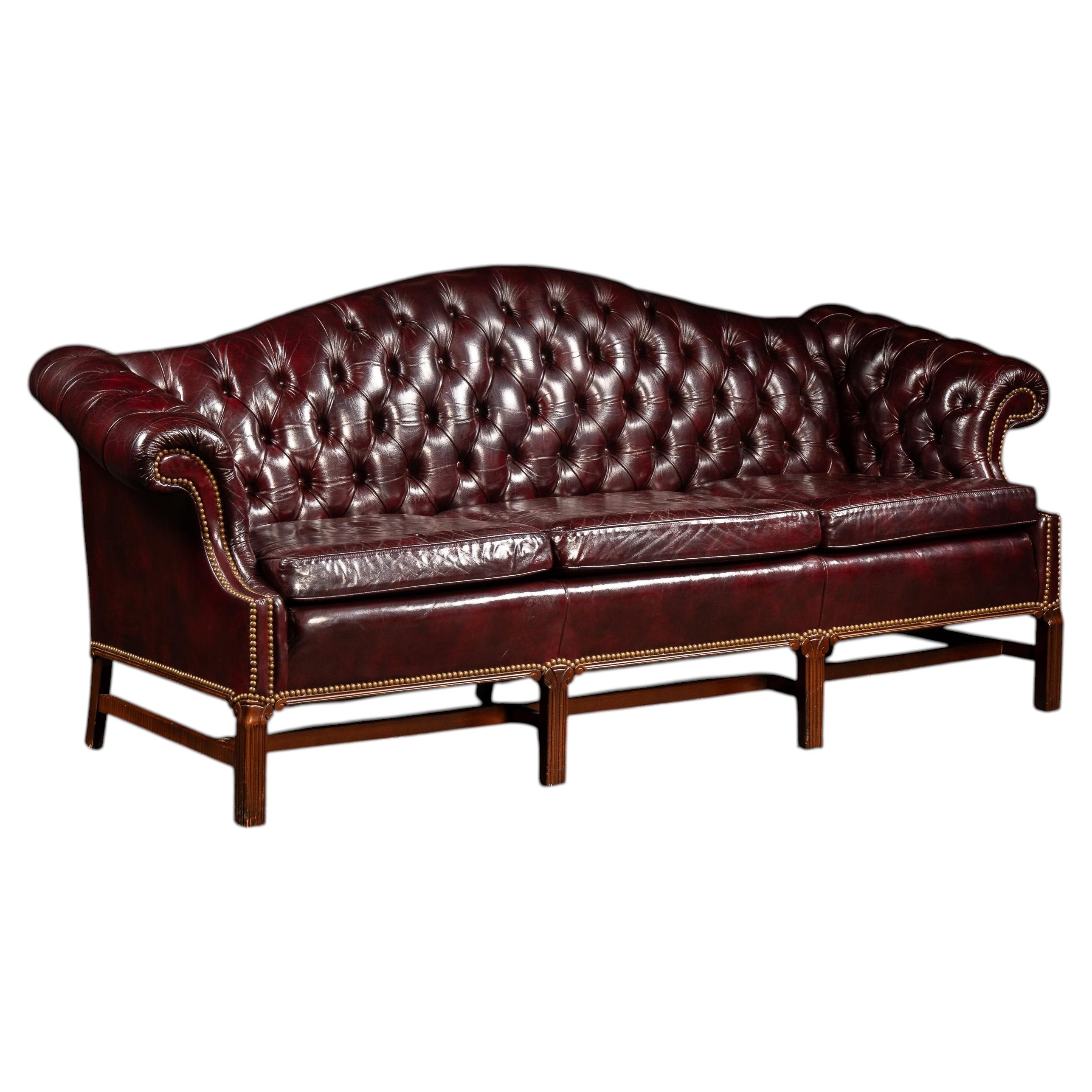 Vintage Chippendale-Style Camelback Chesterfield Leather Sofa in Oxblood For Sale
