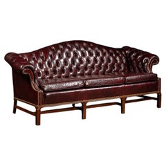 Vintage Chippendale-Style Camelback Chesterfield Leather Sofa in Oxblood