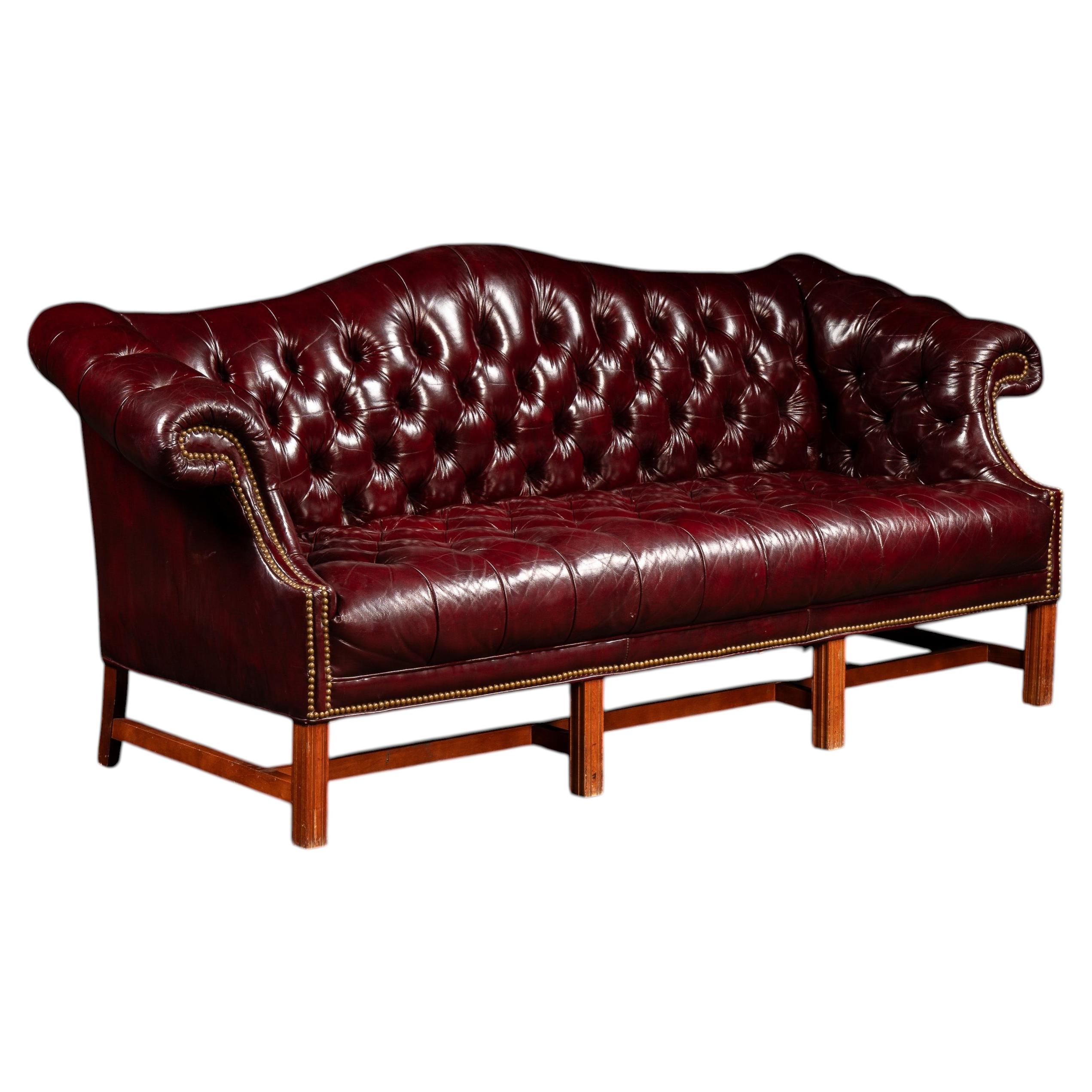 Vintage Chippendale-Style Camelback Chesterfield Leather Sofa in Oxblood For Sale