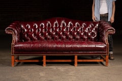 Vintage Chippendale-Style Camelback Chesterfield Leather Sofa in Oxblood