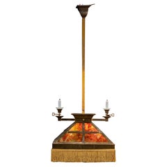 Antique Arts & Crafts Slag Glass Parlor Lamp with Keyed Sconces
