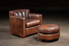 Vintage Leather Clamshell Club Chair and Ottoman Set