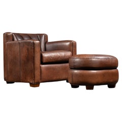Vintage-Club-Sessel mit Klappdeckel aus Leder und passender Ottomane