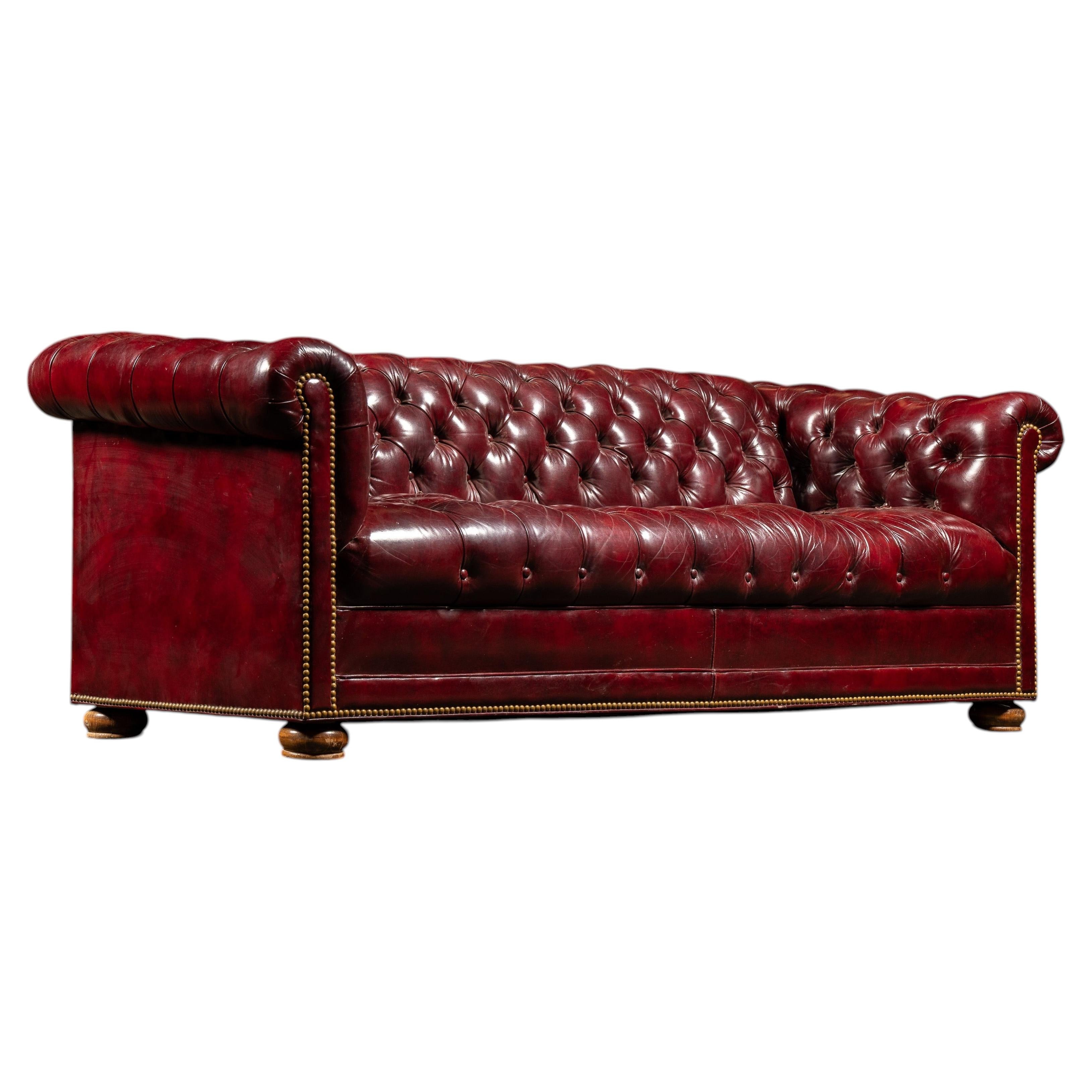 Tufted Leather Chesterfield Sofa in Burgundy For Sale
