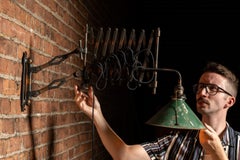 Antique Japanned Copper Scissor Arm Wall Lamp with Mirrored Art Nouveau Shade