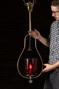 Mid-Century Brass Pendant Lamp with Cranberry Glass Shade