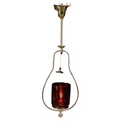 Mid-Century Brass Pendant Lamp with Cranberry Glass Shade
