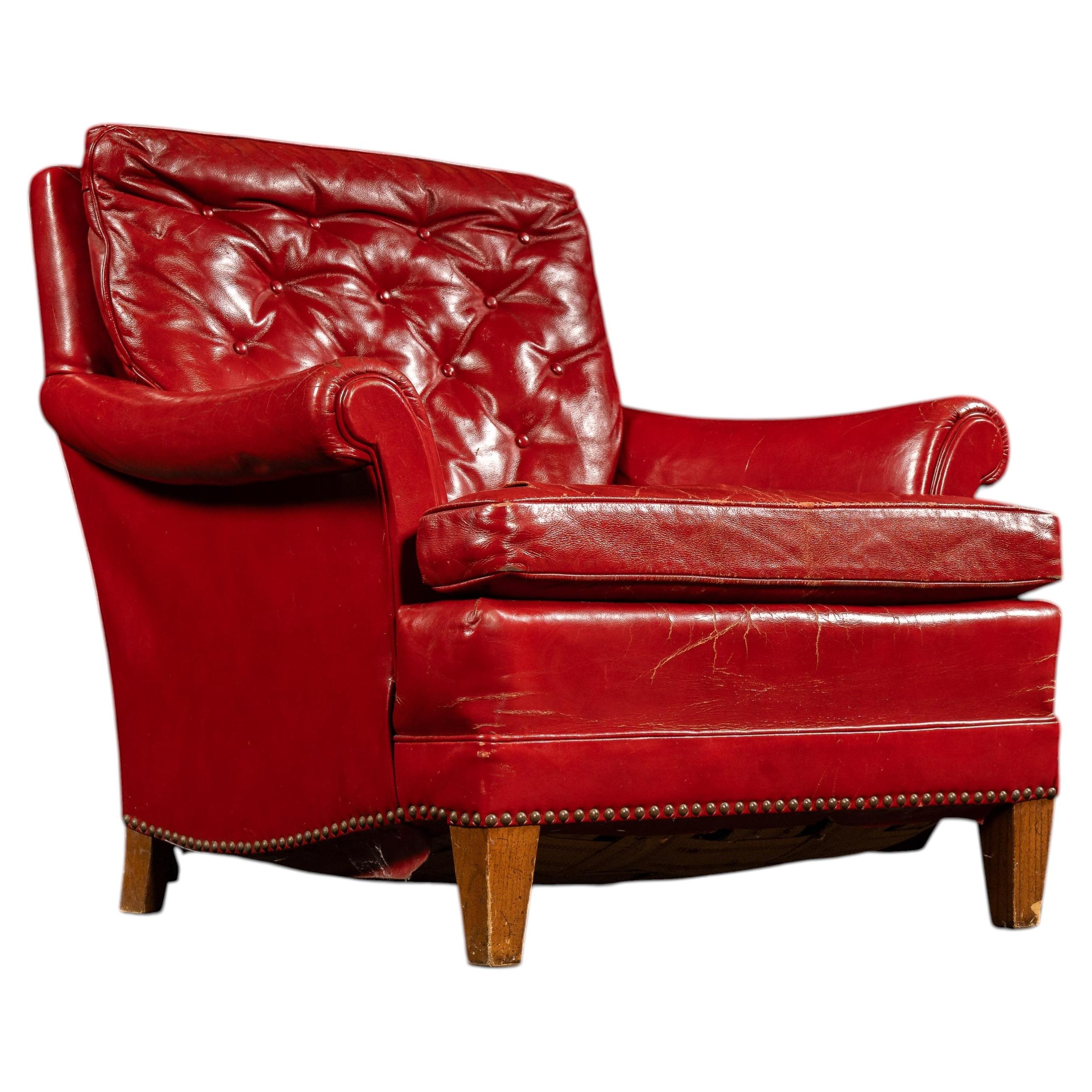 Vintage Tufted Leather Lounge Chair in Candy Apple Red For Sale