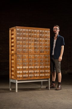 Massive Vintage 72-Drawer Oak Library Card Catalog on Steel Base