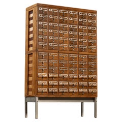 Massive Vintage 72-Drawer Oak Library Card Catalog on Steel Base