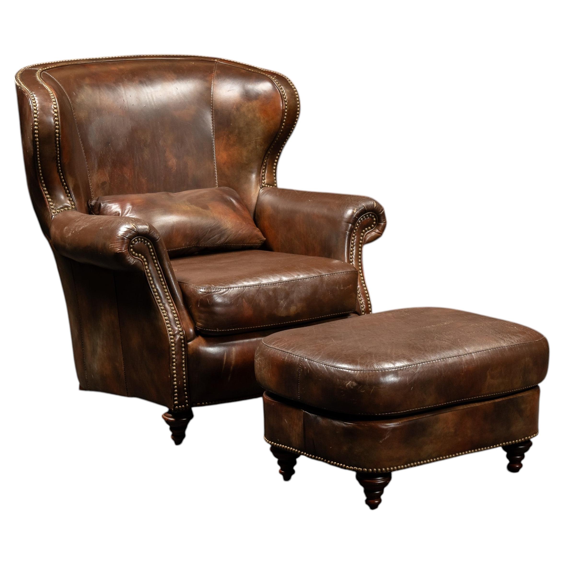 Vintage Wingback Leather Chair with Pillow, Ottoman in Brown
