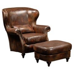 Vintage Wingback Leather Chair with Pillow, Ottoman in Brown