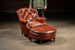 Vintage Tufted Leather Chesterfield Armchair and Ottoman in Brown