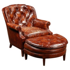 Vintage Tufted Leather Chesterfield Armchair and Ottoman in Brown