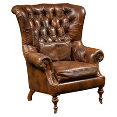 Vintage-Sessel aus getuftetem Leder mit hoher Rückenlehne und Lendenkissen in Braun