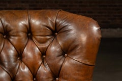 Vintage Tufted Leather High Back Armchair with Lumbar Pillow In Brown