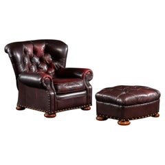 Tufted Churchill Style Recliner with Ottoman in Oxblood