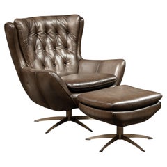 MCM Tufted Leather Wingback Swivel Chair with Ottoman in Grey