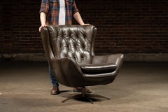 MCM Tufted Leather Wingback Swivel Chair with Ottoman in Grey