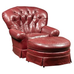 Vintage Tufted Leather Churchill Chair With Ottoman in Burgundy