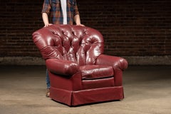Vintage Tufted Leather Churchill Chair With Ottoman in Burgundy