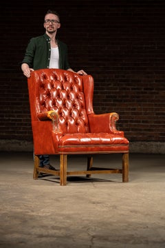 Vintage Wingback Tufted Armchair With Ottoman in Burnt Orange