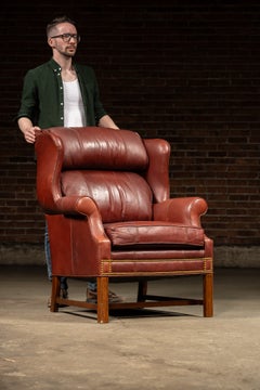 Vintage Leather Wingback Armchair with Ottoman in Red by Whittemore-Sherrill