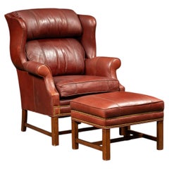 Vintage Leather Wingback Armchair with Ottoman in Red by Whittemore-Sherrill