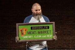 Early 20th Century Reverse-Painted Brooklyn Meat-Market Scalloped Glass Sign