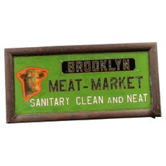 Early 20th Century Reverse-Painted Brooklyn Meat-Market Scalloped Glass Sign