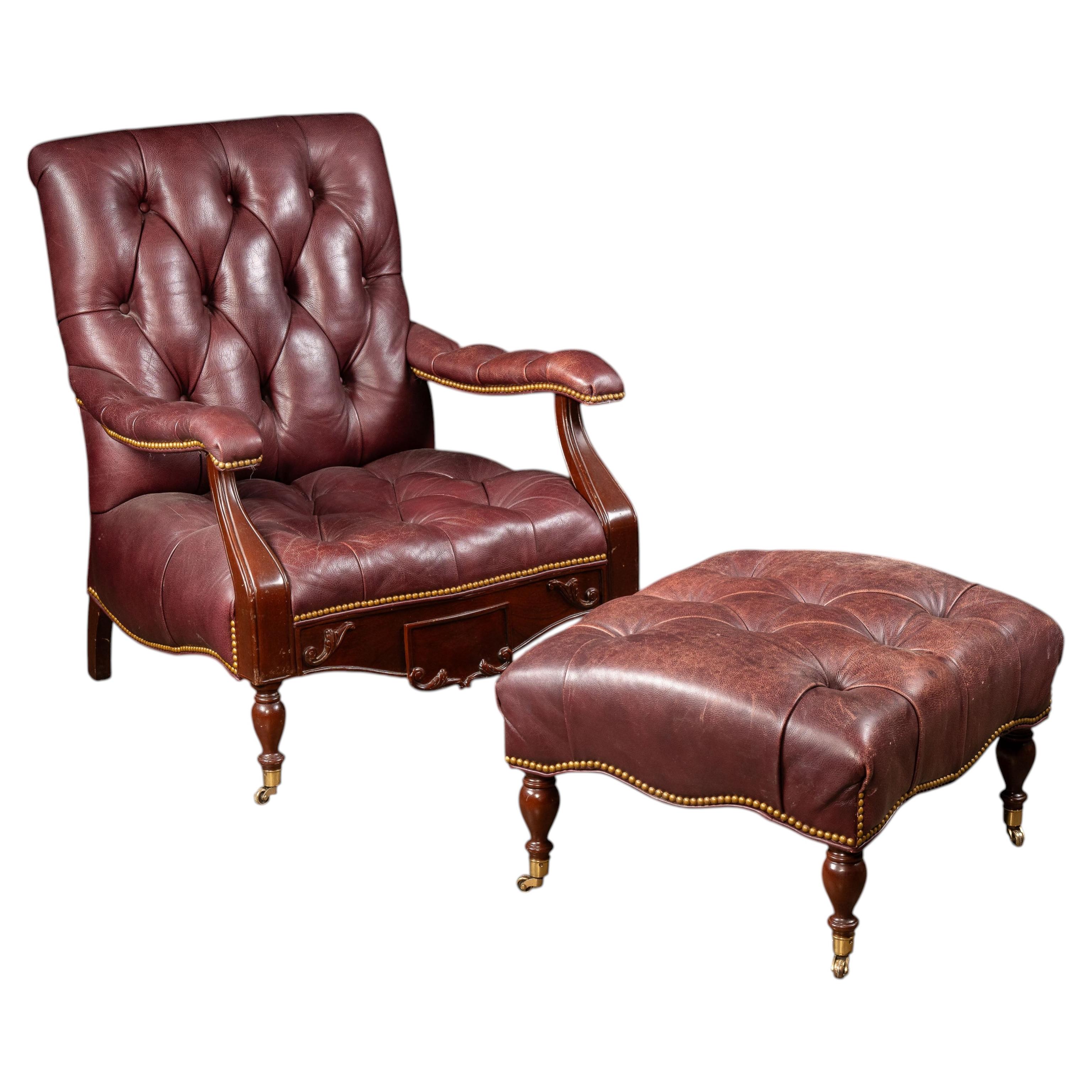 Vintage Humidor Armchair and Rolling Ottoman Set in Burgundy by Hancock & Moore For Sale