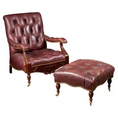 Vintage Humidor Armchair and Rolling Ottoman Set in Burgundy by Hancock & Moore