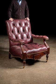 Vintage Humidor Armchair and Rolling Ottoman Set in Burgundy by Hancock & Moore