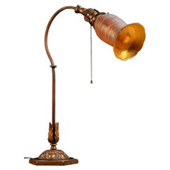 Art Nouveau Table Lamp with Signed Quezal Art Glass Shade