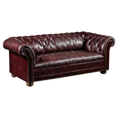 Deep Oxblood Leather Chesterfield Sofa with Nailhead Trim