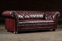 Deep Oxblood Leather Chesterfield Sofa with Nailhead Trim