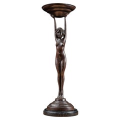 Art Deco Bronzed Spelter Nude Woman Stranding Ashtray  Signed