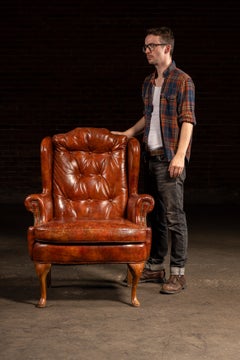 Vintage Tufted Leather Wingback Armchair in Burnt Amber
