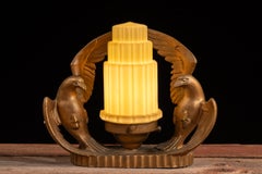 Art Deco Figural Eagle Painted Metal Table Lamp with Uranium Glass Shade