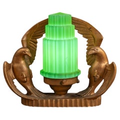 Art Deco Figural Eagle Painted Metal Table Lamp with Uranium Glass Shade