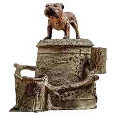 Vintage Figural Bulldog Desk Humidor with Faux Bois Stand
