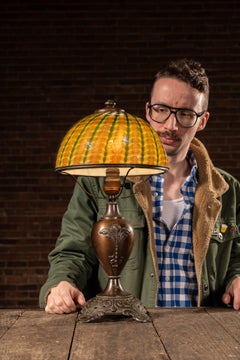 Art Nouveau Bronze Table Lamp with Green Favrile Shade by Edward Miller
