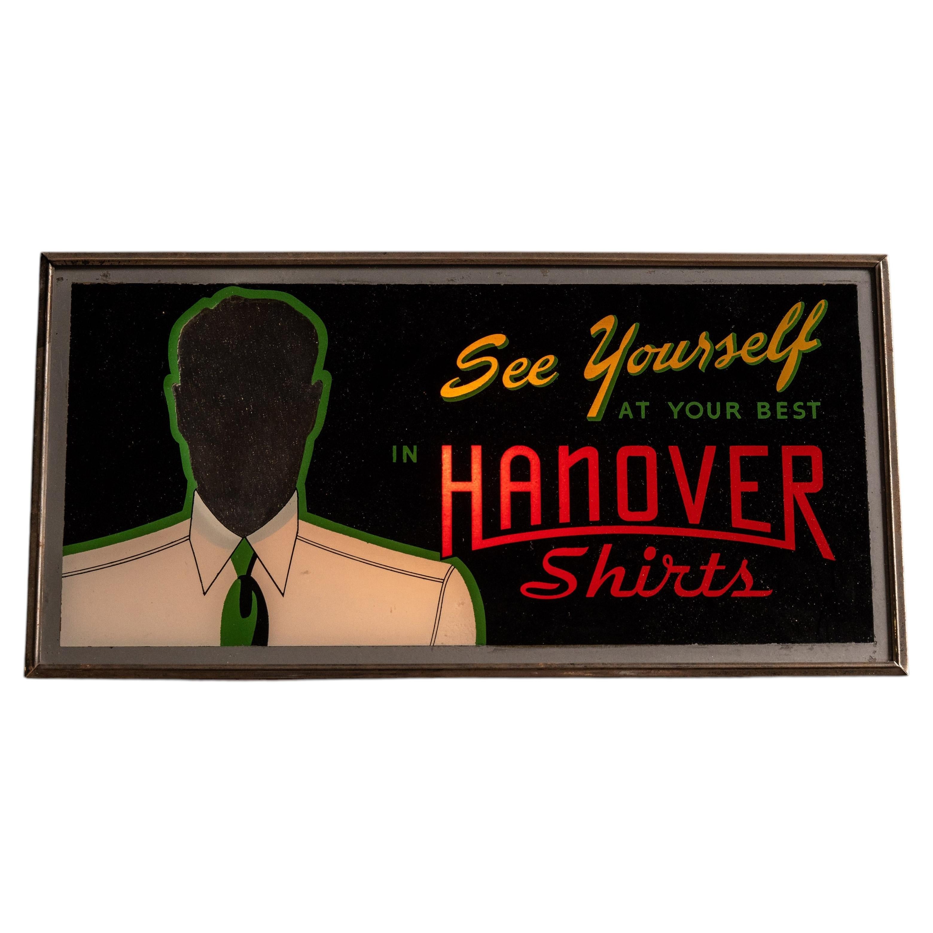 Cartel luminoso con espejo de mostrador de camisas vintage de Hanover en venta